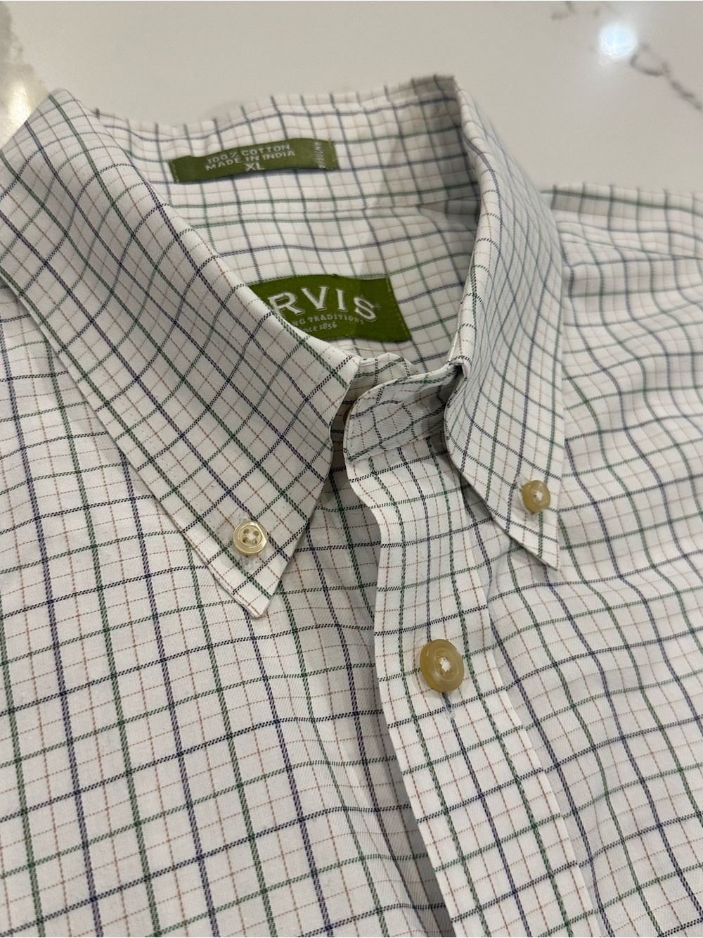 Orvis Mens XL Button Down Shirt Tattersall Green Plaid Cotton Preppy Gorpcore